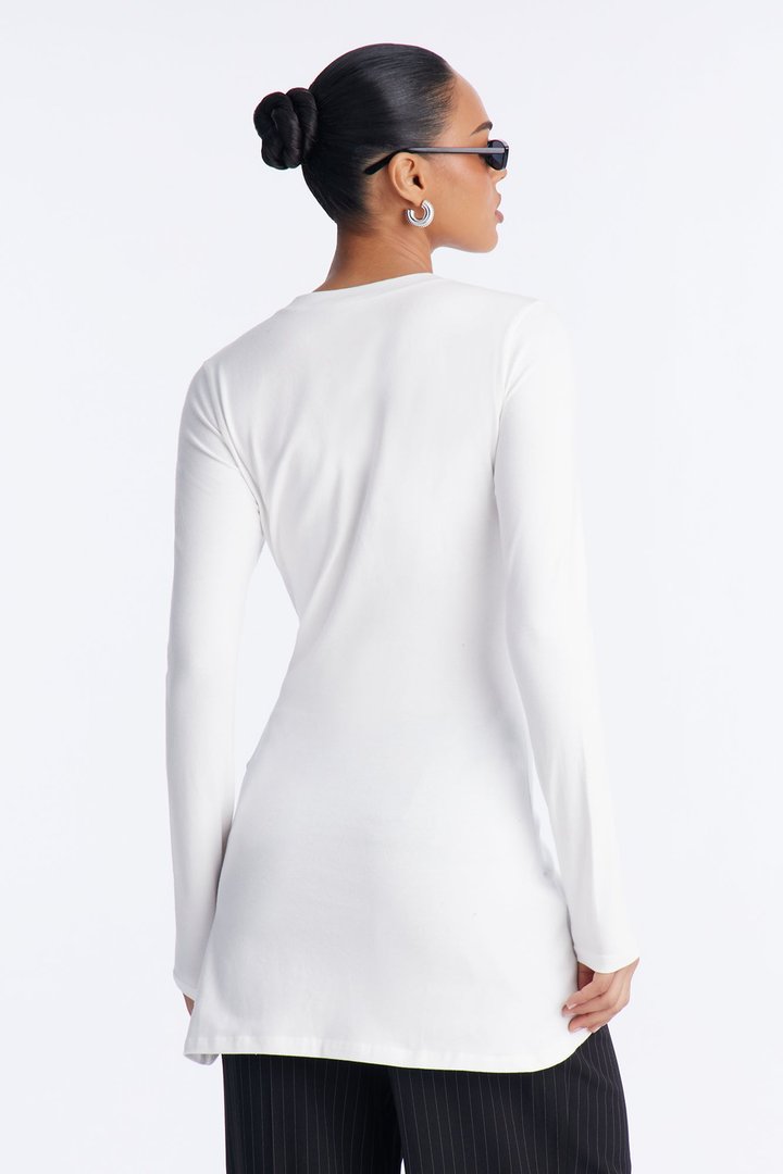 Soft Allure Ruched Asymmetrical Long Sleeve Top - White