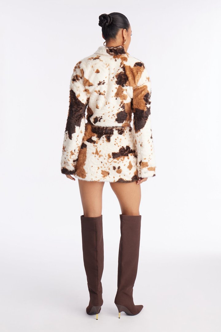 Mood Up Faux Fur Cow Print Skirt Set - Brown/combo