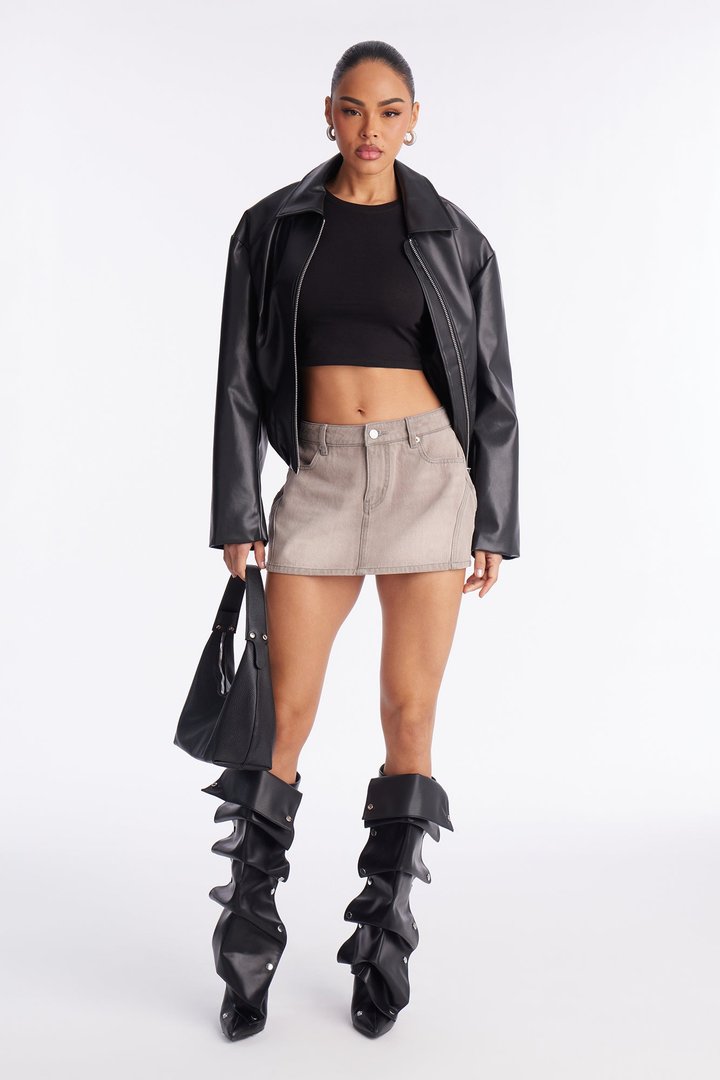 Genieve Washed Denim Mini Skirt - Grey