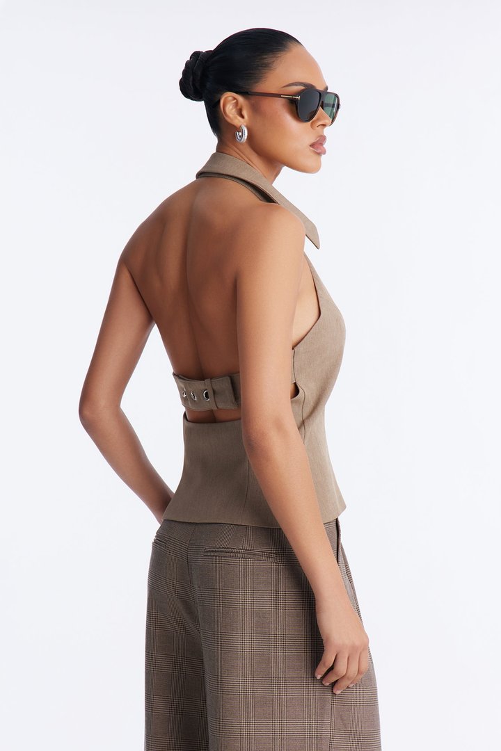 Sunrise Front Zip Halter Top - Taupe