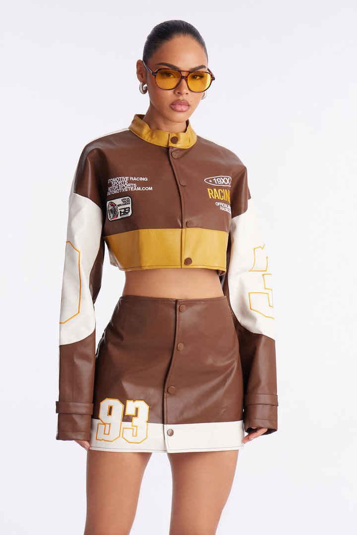 93' Racing Faux Leather Skirt Set - Brown/combo