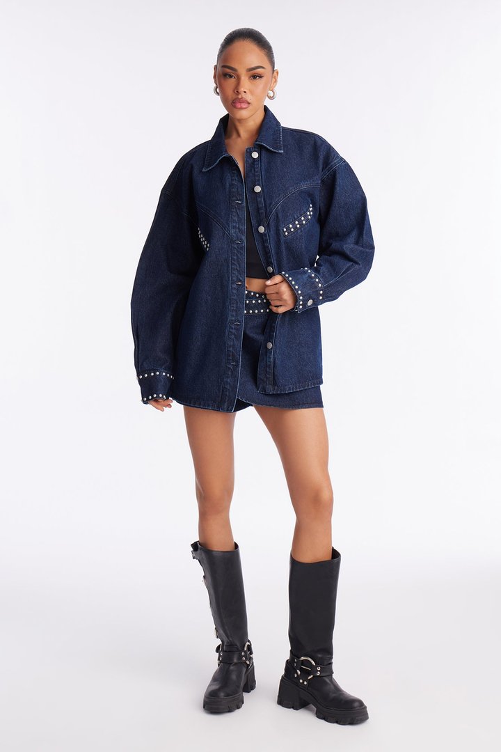 Sanna Studded Denim Mini Skirt Set - Dark Wash