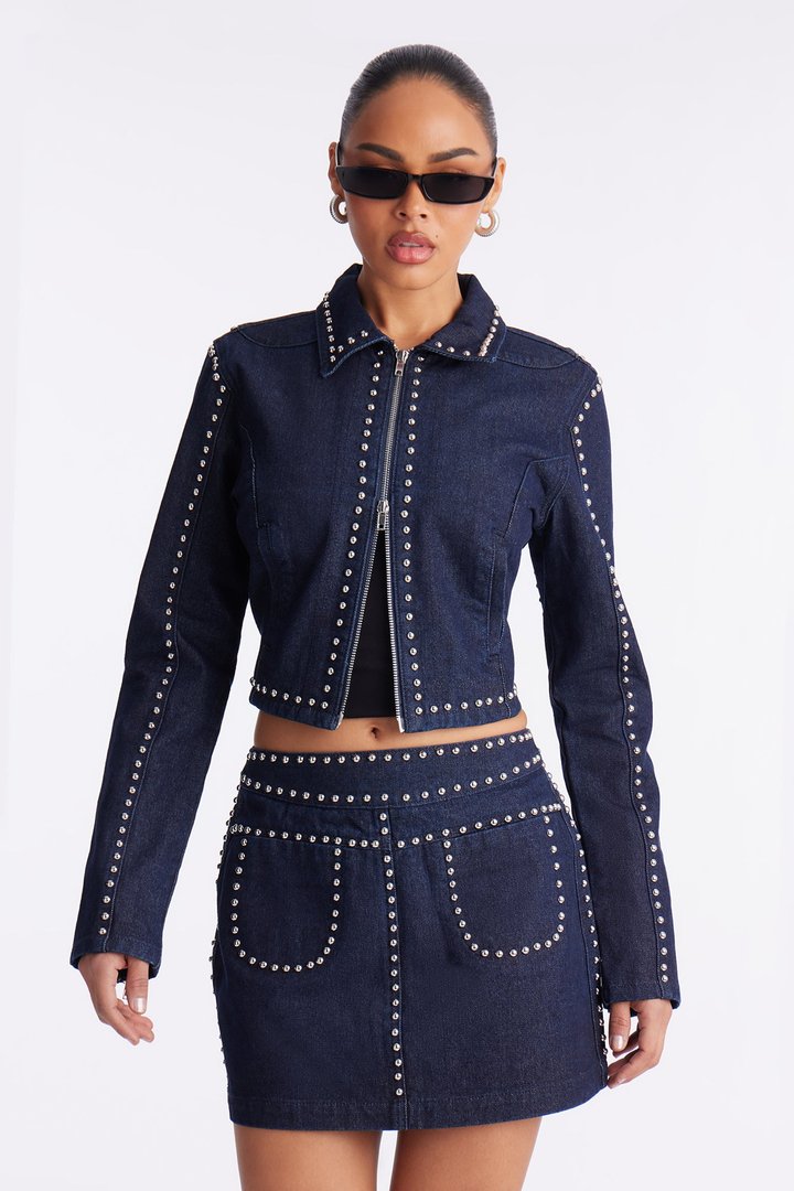 Stars Align Studded Denim Jacket Skirt Set - Dark Denim
