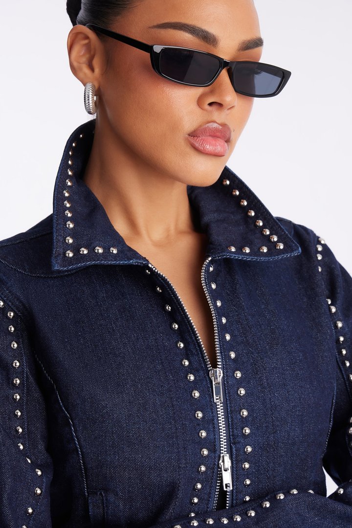 Stars Align Studded Denim Jacket Skirt Set - Dark Denim