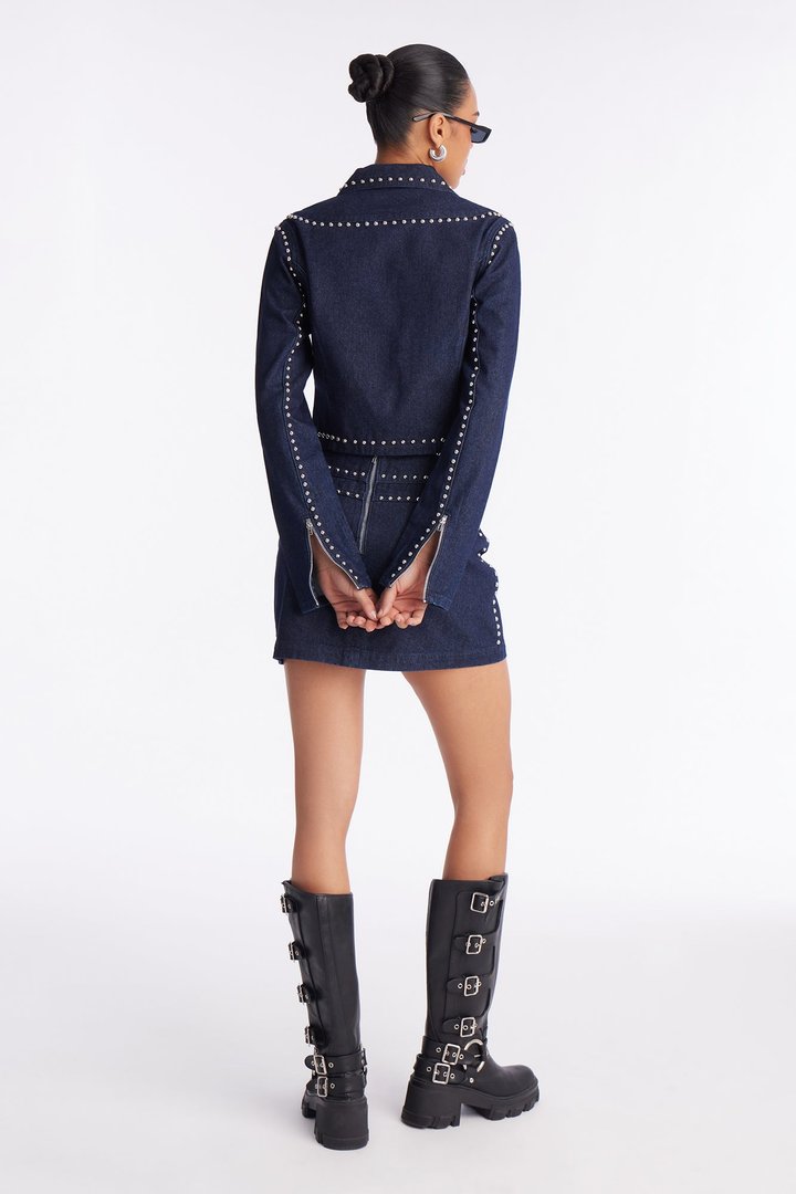 Stars Align Studded Denim Jacket Skirt Set - Dark Denim