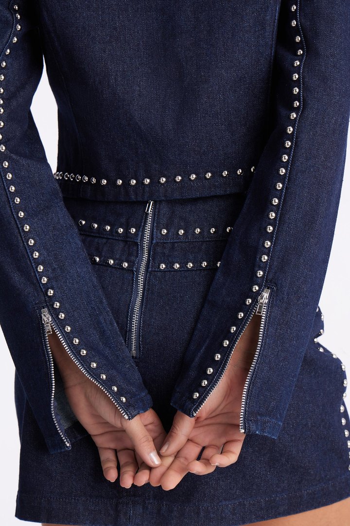 Stars Align Studded Denim Jacket Skirt Set - Dark Denim