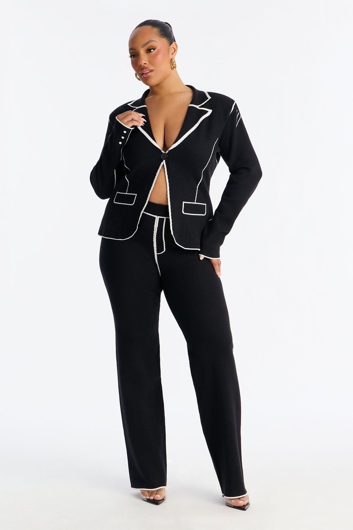 Sleek Comfort Sweater Blazer Pant Set - Black