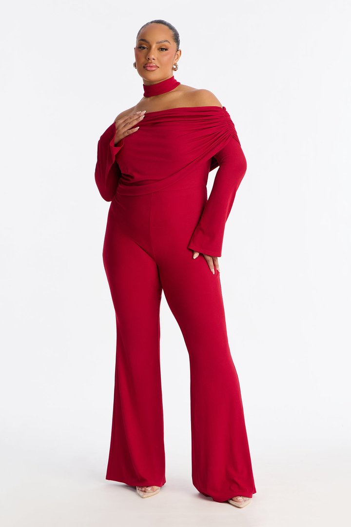 Kendall Choker Flare Leg Jumpsuit - DarkRed