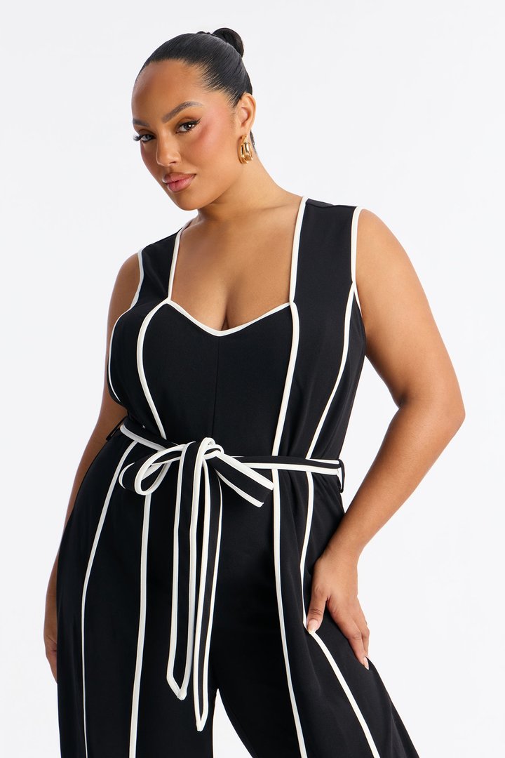 Amalie Tie Belt Wide Leg Jumpsuit - Black/White