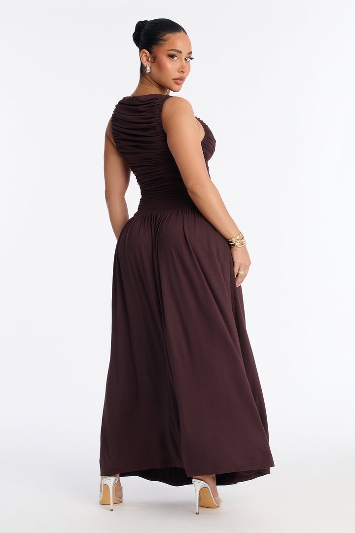 Maisie Ruched Drop Waist Maxi Dress - Chocolate
