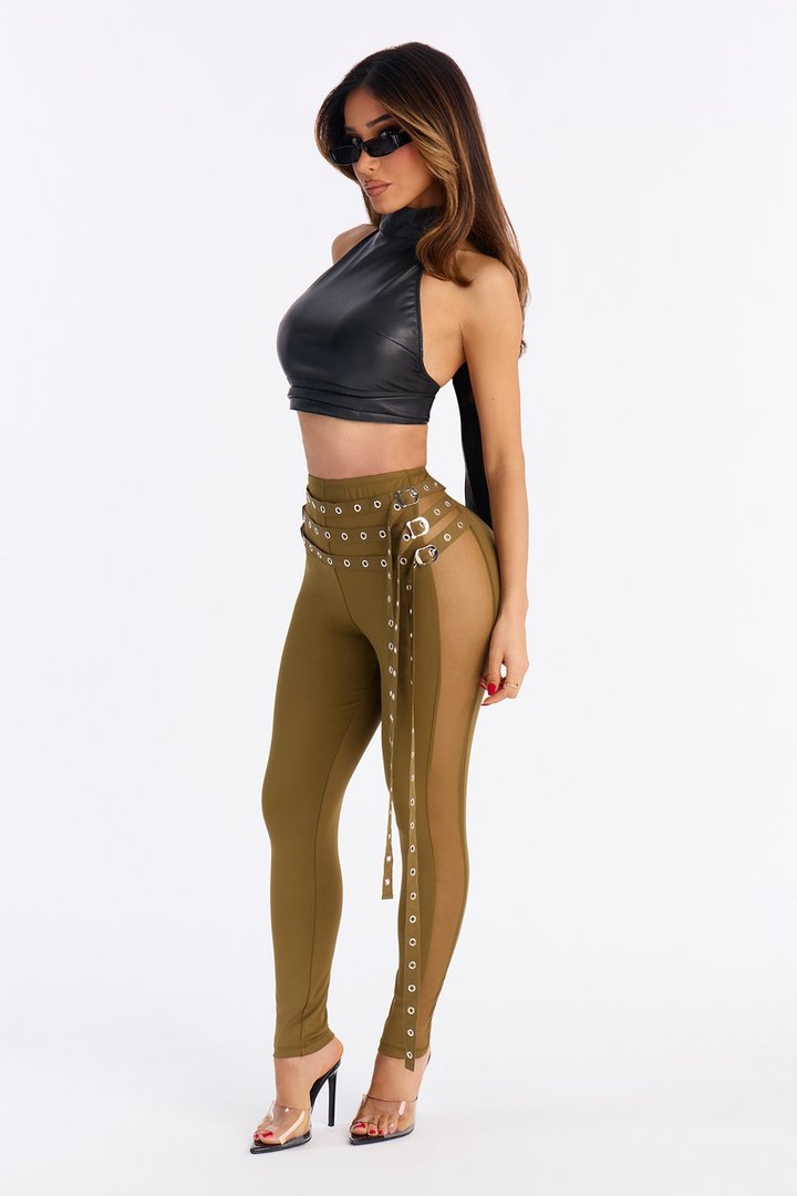 Gia Belted Mesh Capri Legging - Military Green