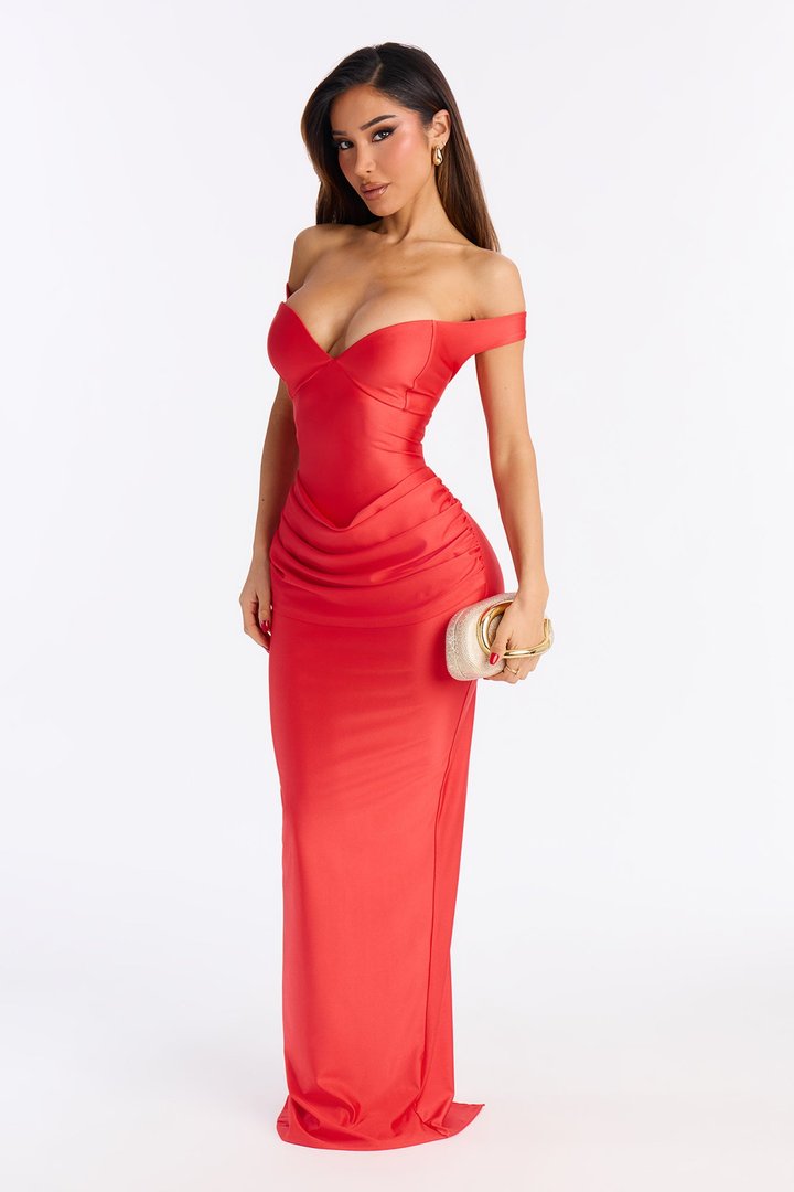 Amelya Off Shoulder Tricot Gown - Tomato Red