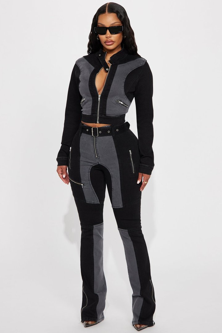 Off To The Races Denim Moto Jacket - Black/Grey