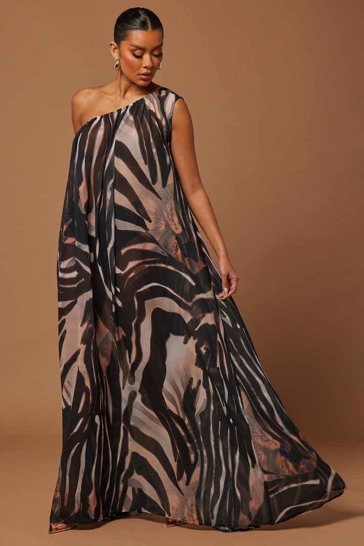 Florence Chiffon Kaftan Maxi Dress - Black/Brown