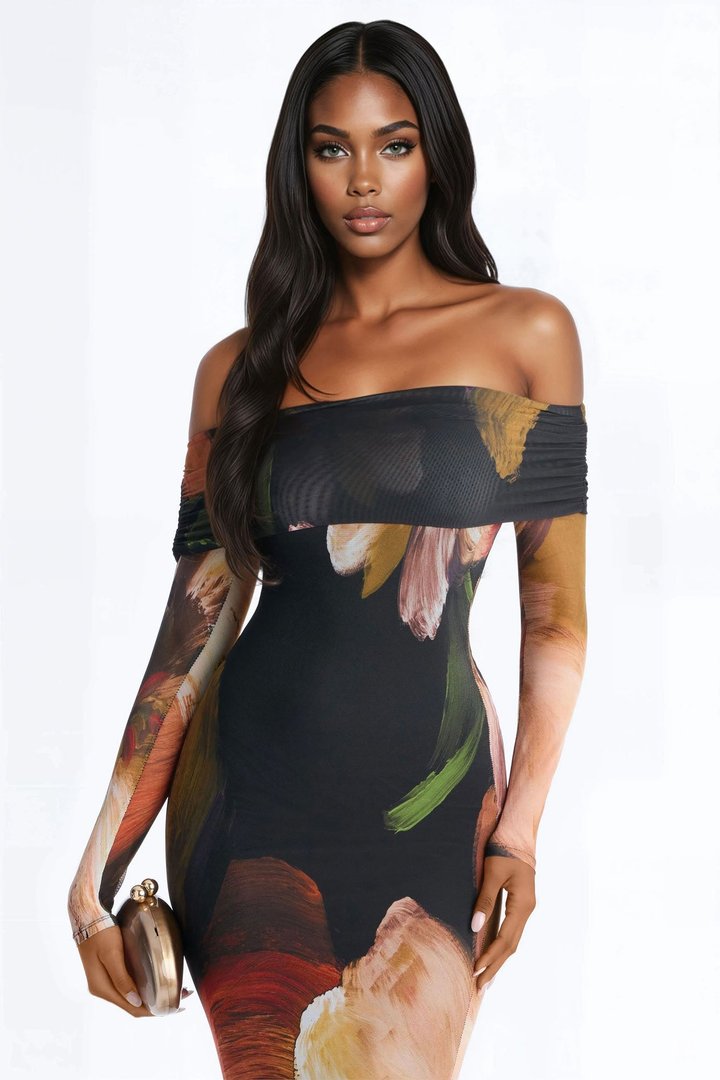 Jennifer Floral Mesh Maxi Dress - Black/combo