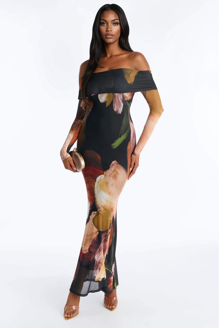 Jennifer Floral Mesh Maxi Dress - Black/combo