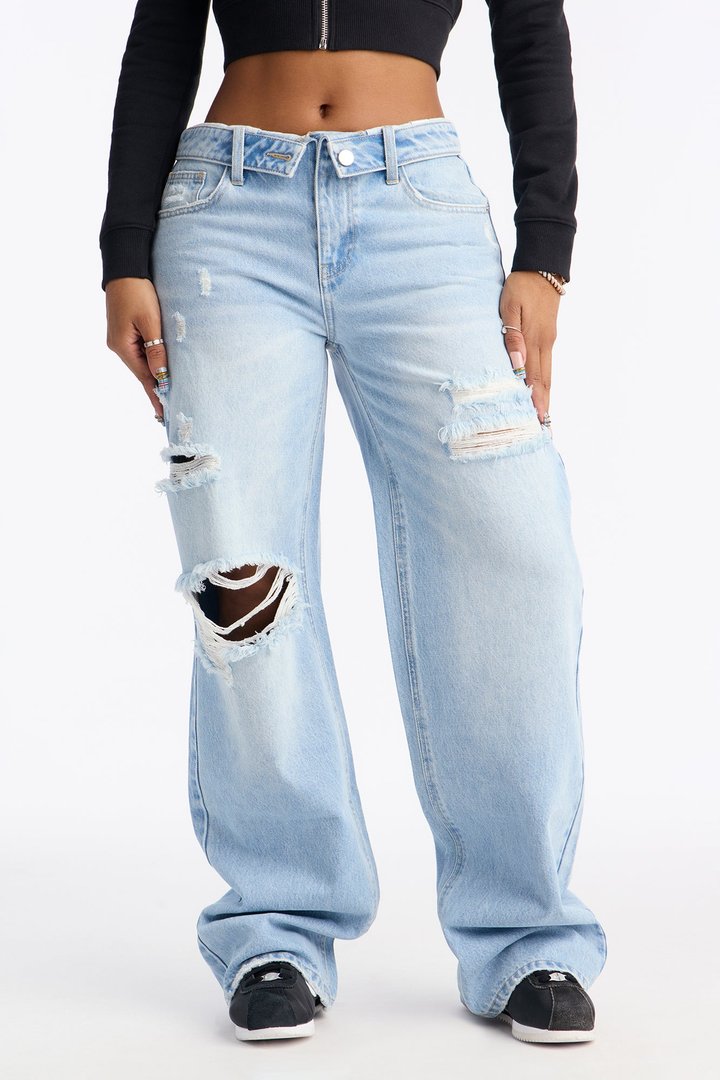 Tacoma Turndown Ripped Wide Leg Jeans - Light Wash