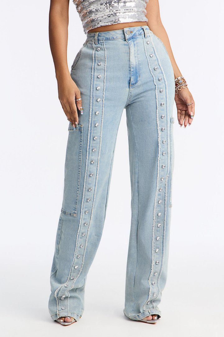 Sparkle For You Embellished Straight Leg Jeans - Light Wash