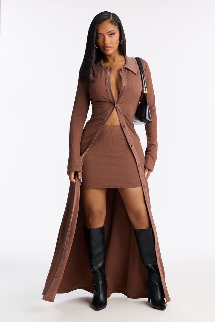 Layers And Legs Long Cardigan Mini Skirt Set - Brown
