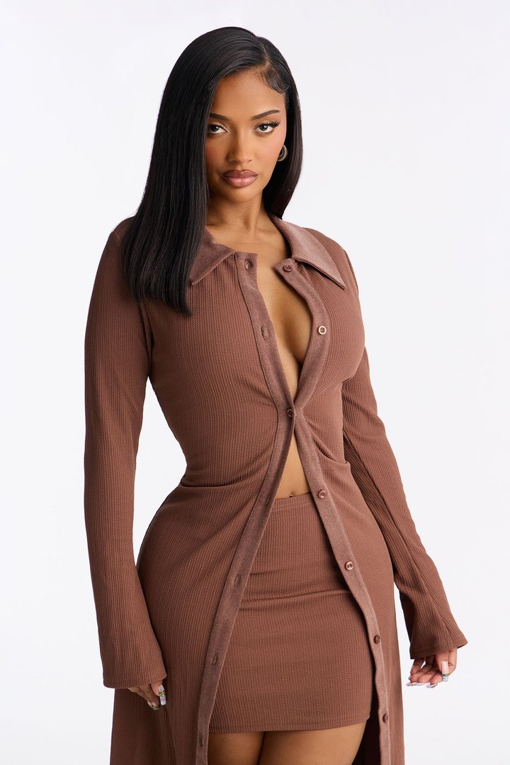 Layers And Legs Long Cardigan Mini Skirt Set - Brown