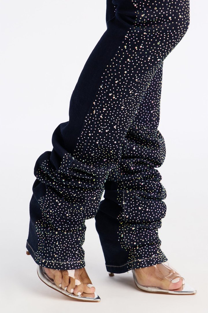 Call Me Extra Embellished Stacked Straight Leg Jeans - Dark Denim