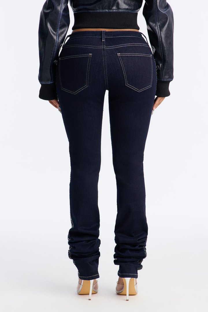 Call Me Extra Embellished Stacked Straight Leg Jeans - Dark Denim