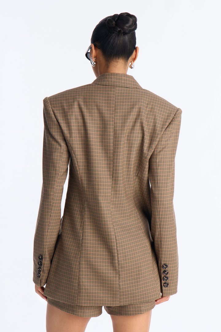 Perfect And Polished Plaid Blazer Short Set - Taupe/combo