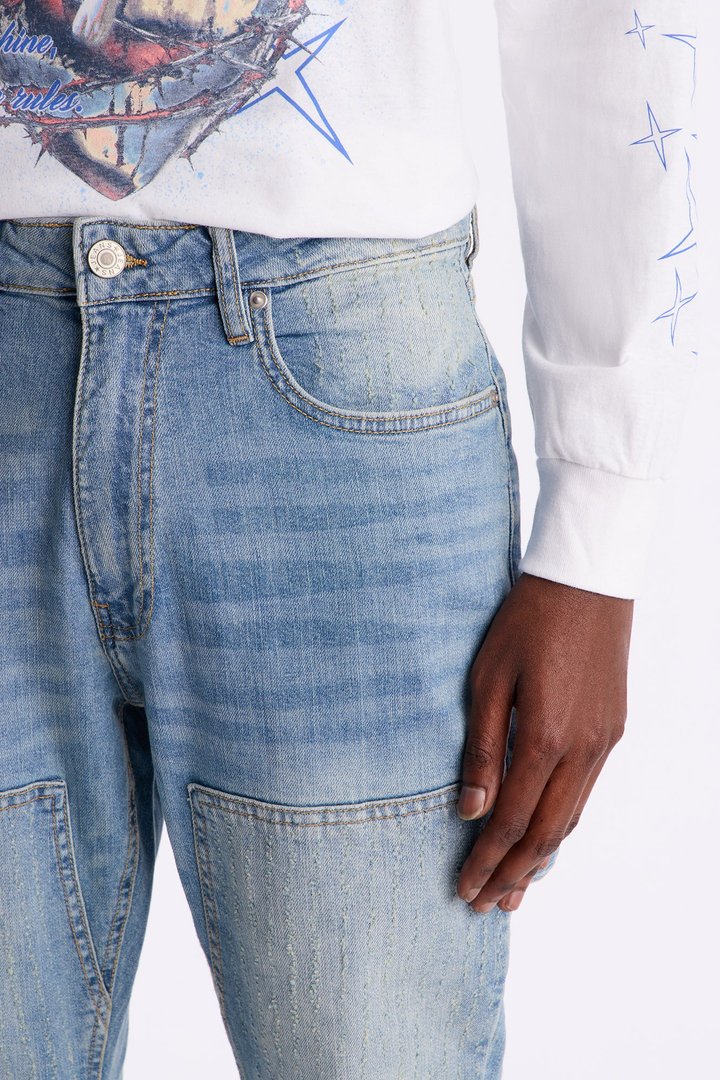 Stacked Skinny Flare Textured Carpenter Jean - Light Blue Wash