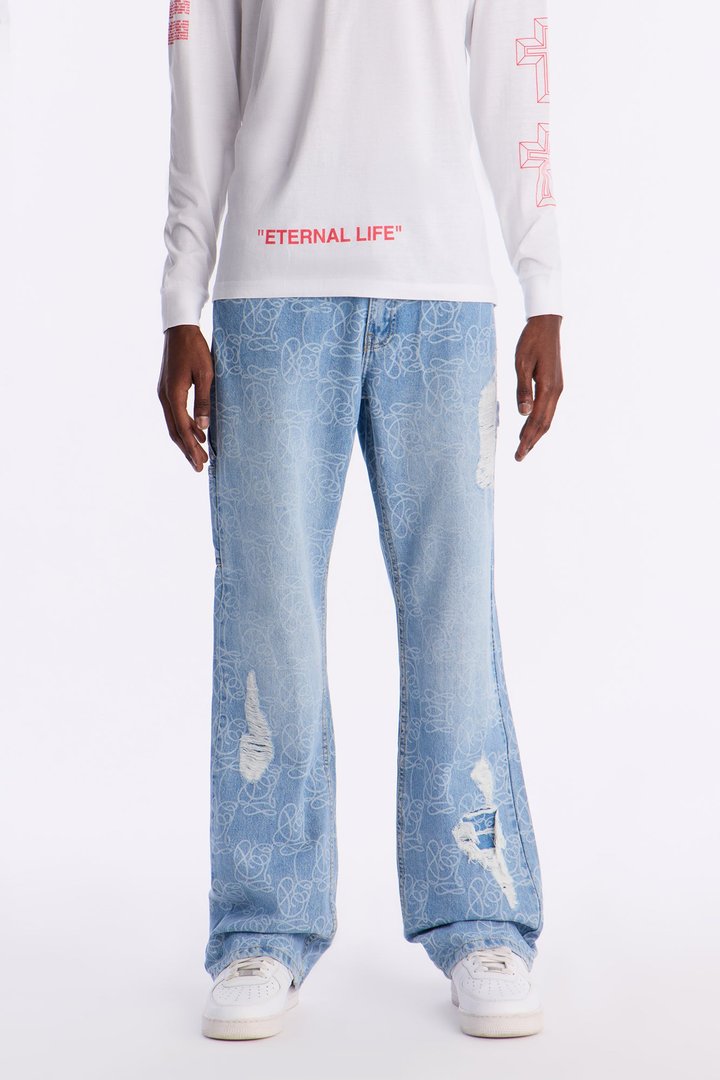 Stacked Slim Flare Slide Thru Distressed Jean - Medium Blue Wash