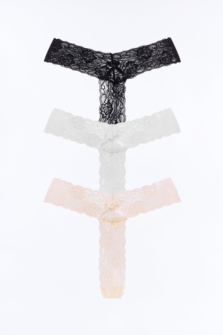 3 Pack Stretch Lace Thong Set - Nude/combo