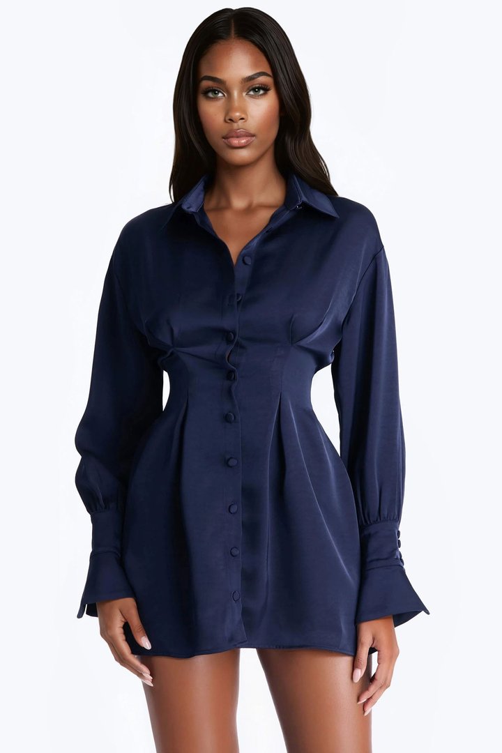 Samantha Long Sleeve Stretch Satin Mini Dress - Navy