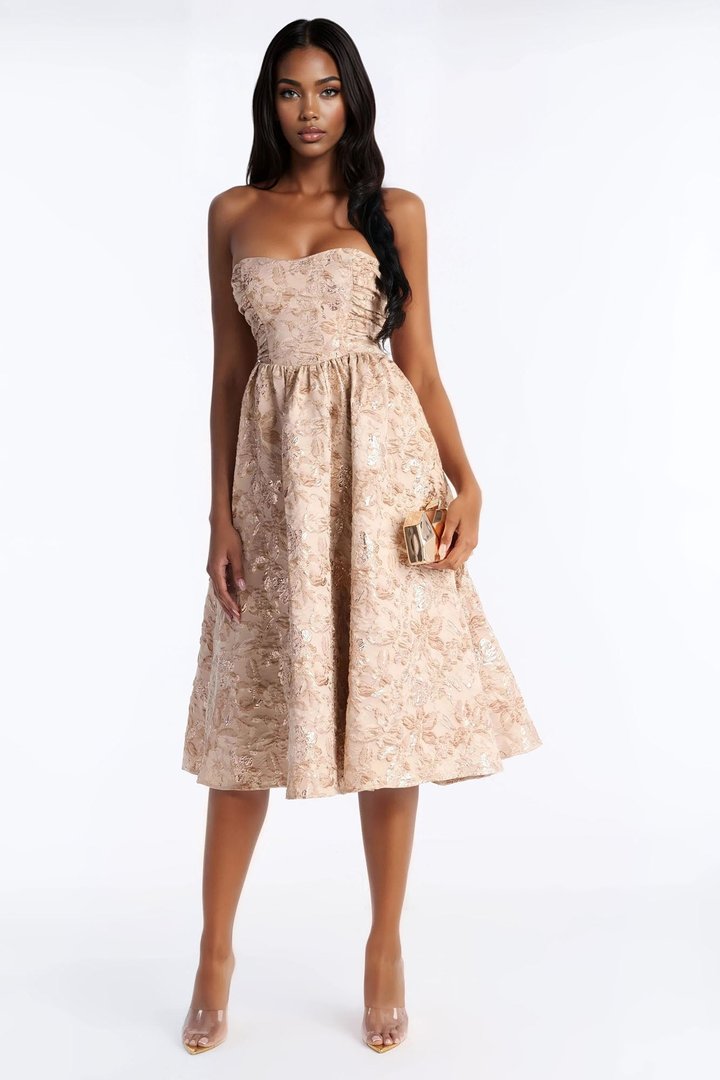 Sweet Like Me Glitter Floral Jacquard Midi Dress - Mocha