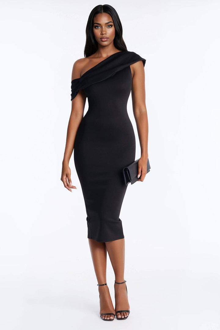 Soraya One Shoulder Scuba Midi Dress - Black
