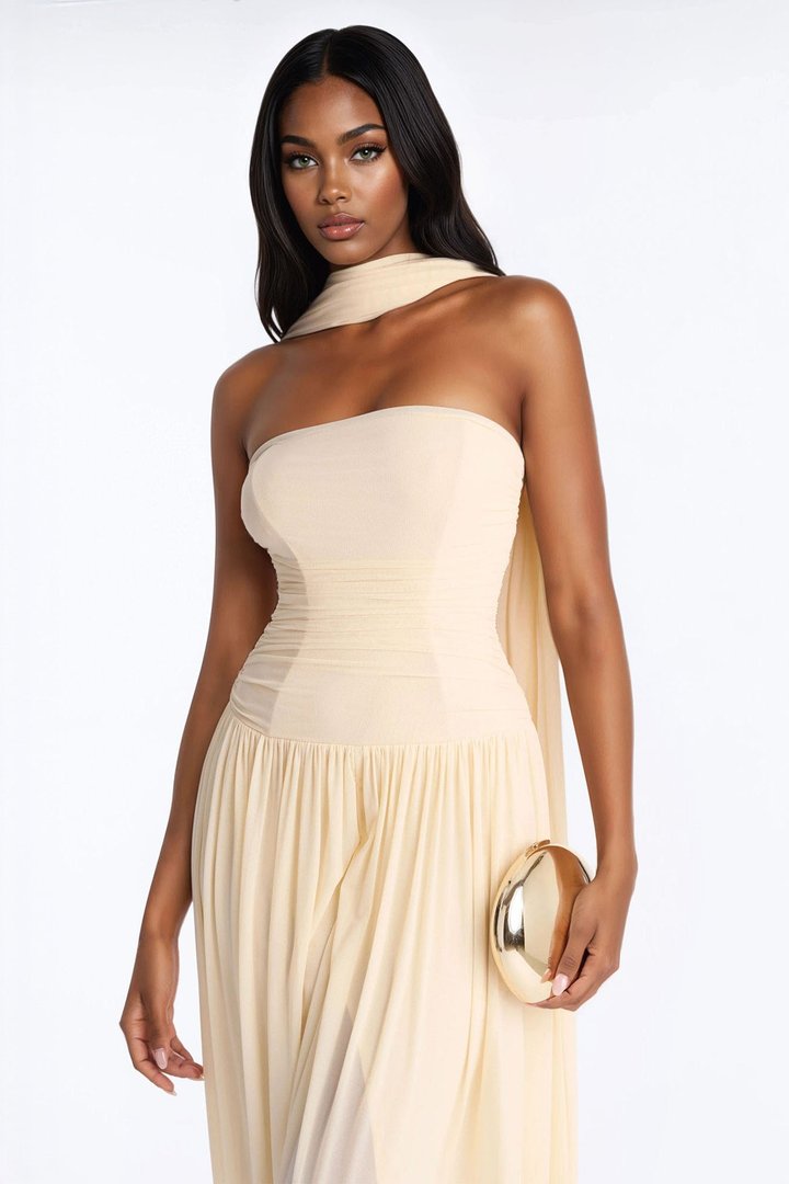 Maeve Corset Draped Mesh Gown - Cream