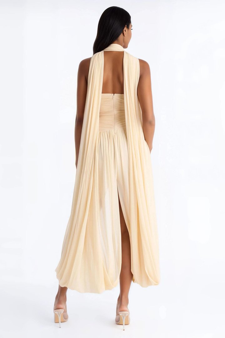 Maeve Corset Draped Mesh Gown - Cream