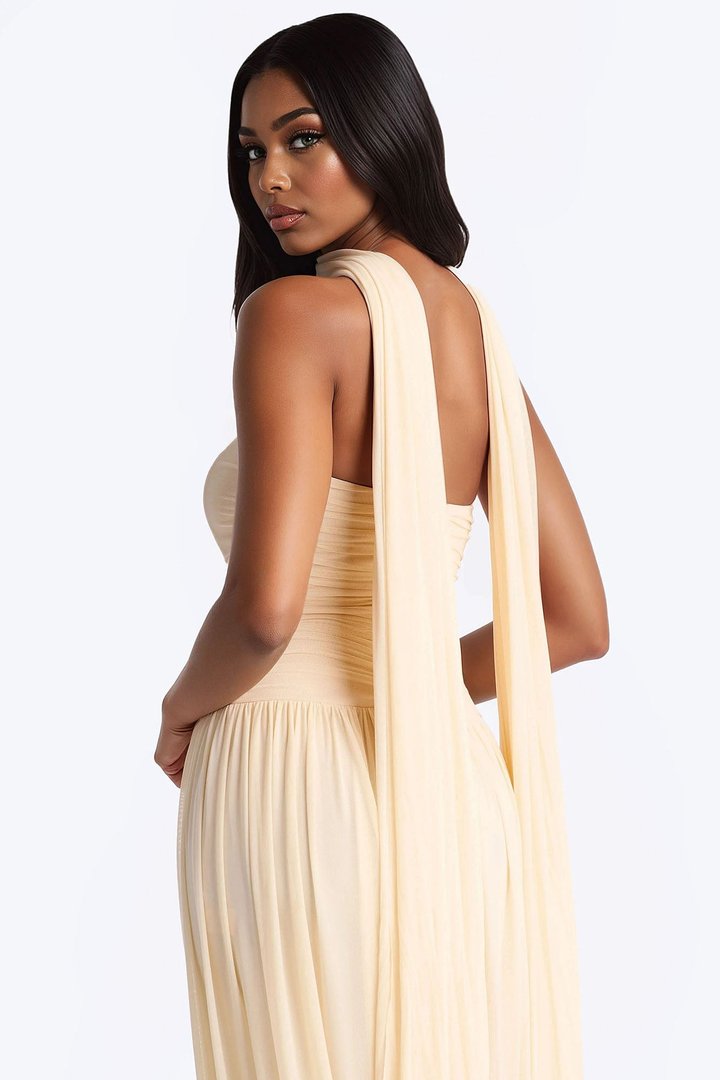 Maeve Corset Draped Mesh Gown - Cream