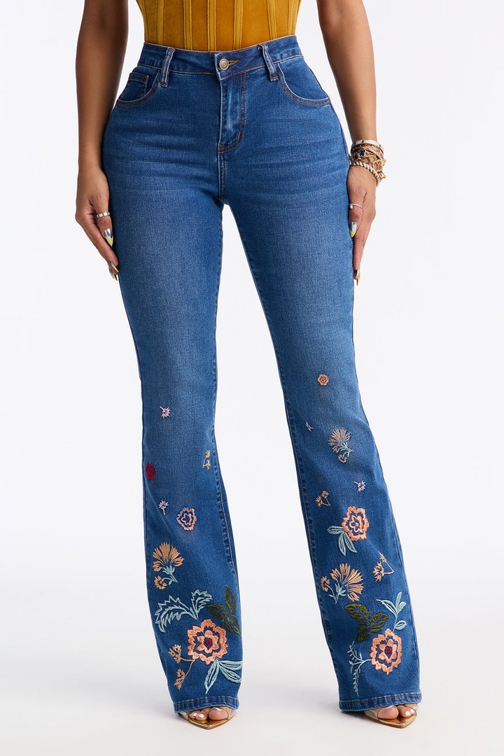 Bloom For Me Embroidered Flare Jeans - Medium Wash