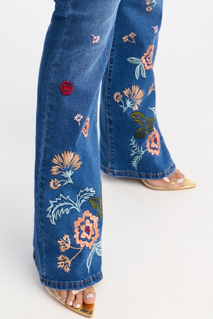 Bloom For Me Embroidered Flare Jeans - Medium Wash