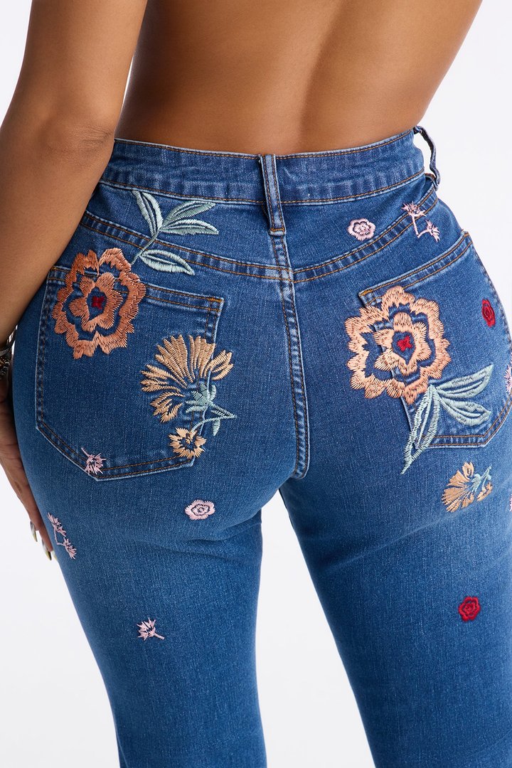 Bloom For Me Embroidered Flare Jeans - Medium Wash