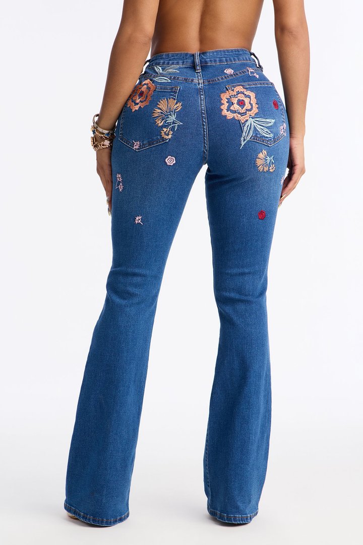 Bloom For Me Embroidered Flare Jeans - Medium Wash