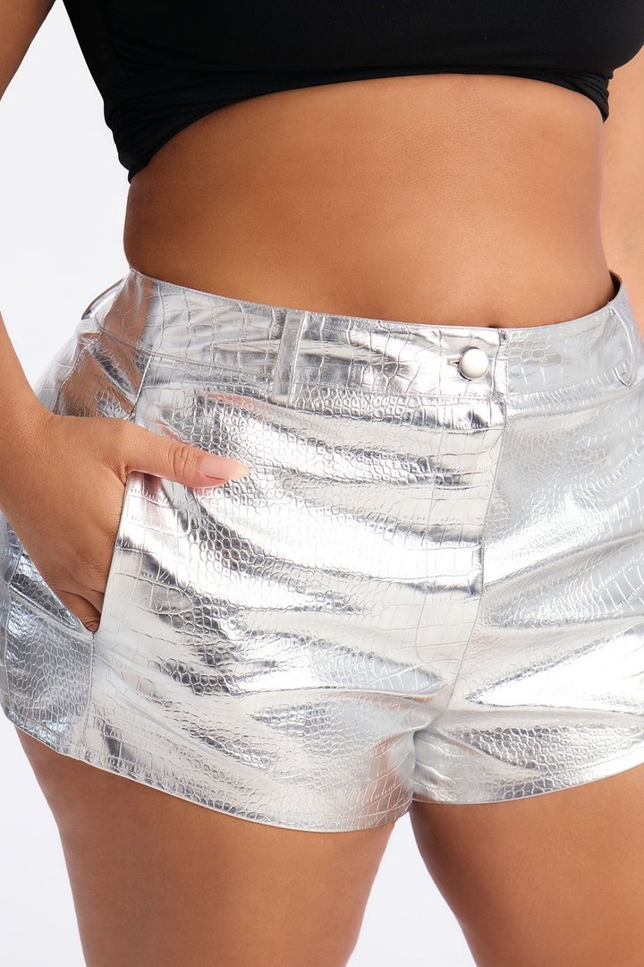 All Eyes On Me Metallic Patent Faux Leather Hot Short - Silver