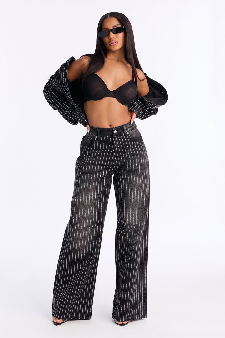 Keep The Bling Embellished Wide Leg Jeans - Black Wash