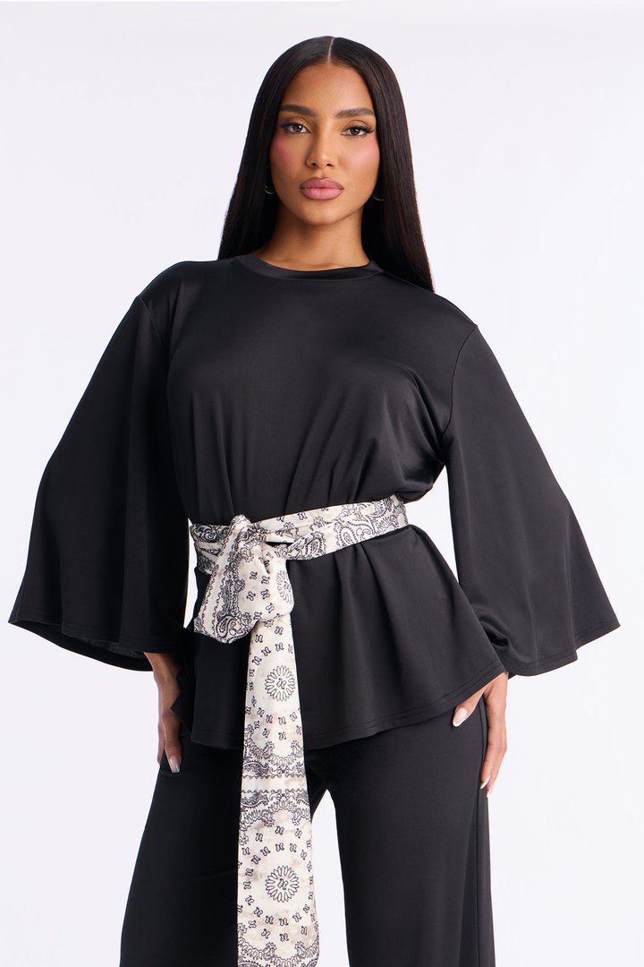 Normani 3 Piece Scarf Belt Pant Set - Black