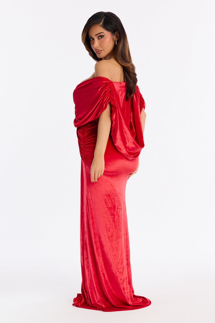 Maribel Draped Velvet Maxi Dress - Red