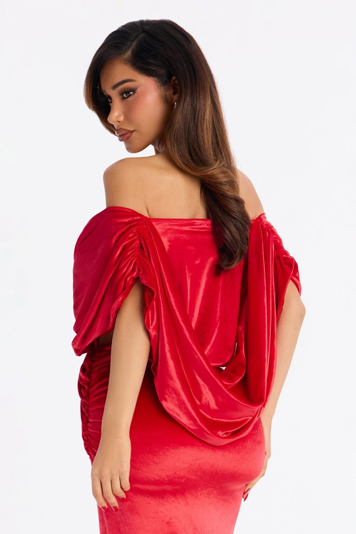 Maribel Draped Velvet Maxi Dress - Red