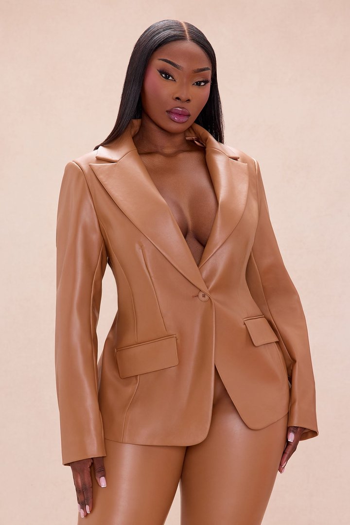 Everly Faux Leather Blazer Pant Set - Camel