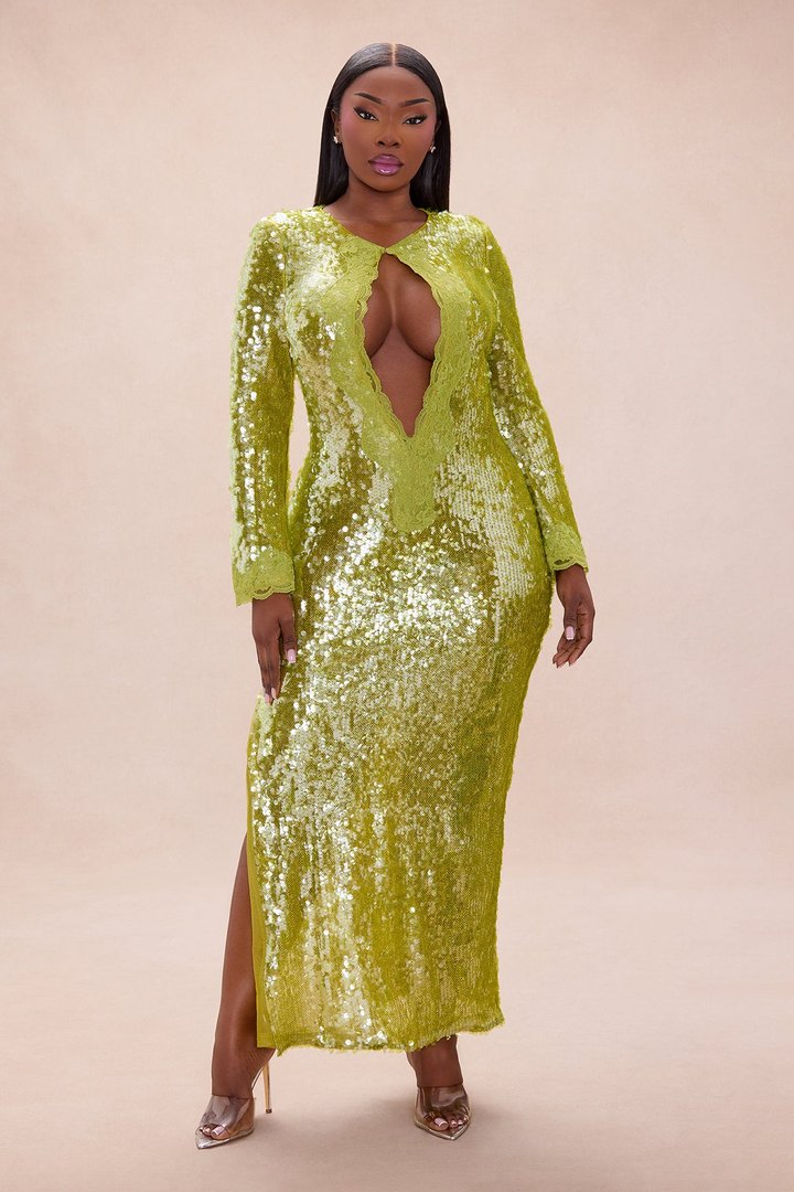 Ophelia Lace Trim Sequin Maxi Dress - Chartreuse