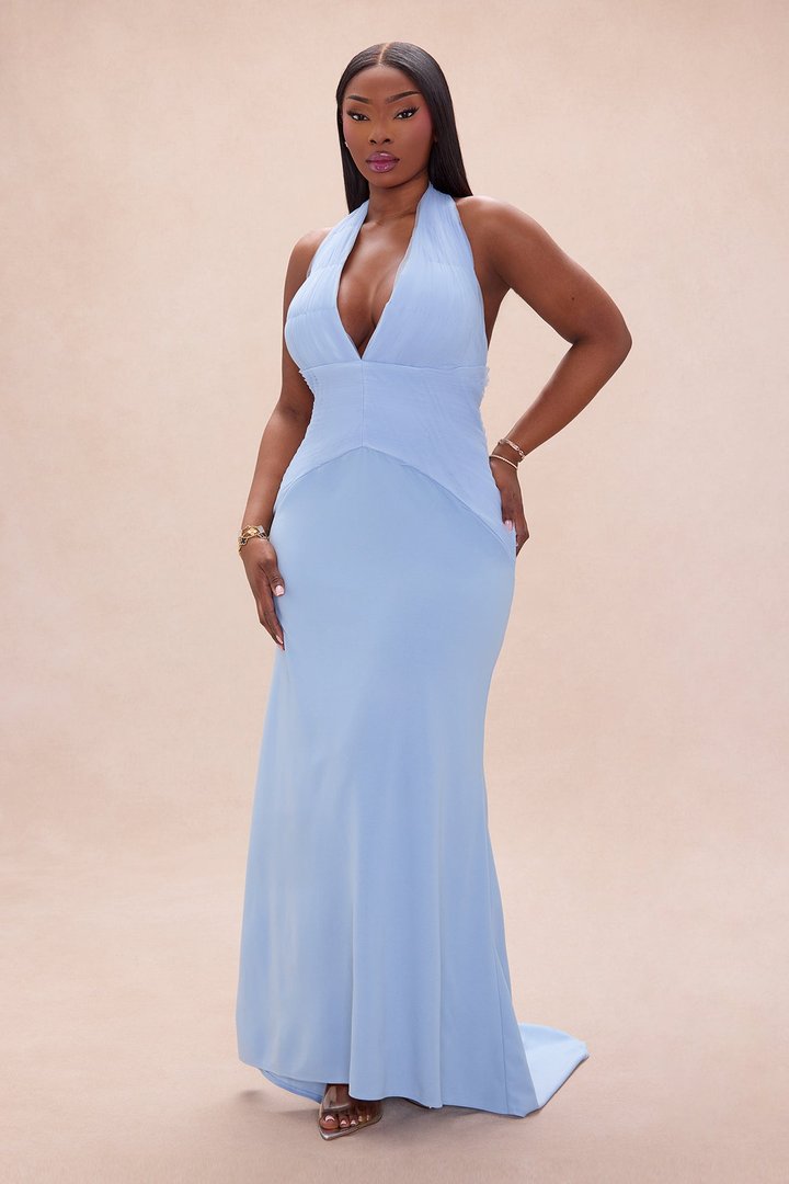 Madeline Ruched Halter Maxi Dress - Dusty Blue