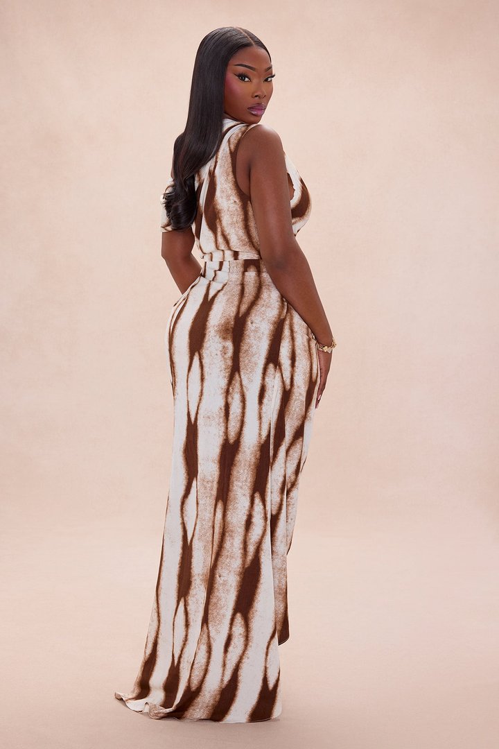 Eviana One Shoulder Chiffon Maxi Dress - Brown Combo