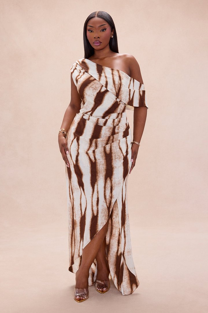 Eviana One Shoulder Chiffon Maxi Dress - Brown Combo